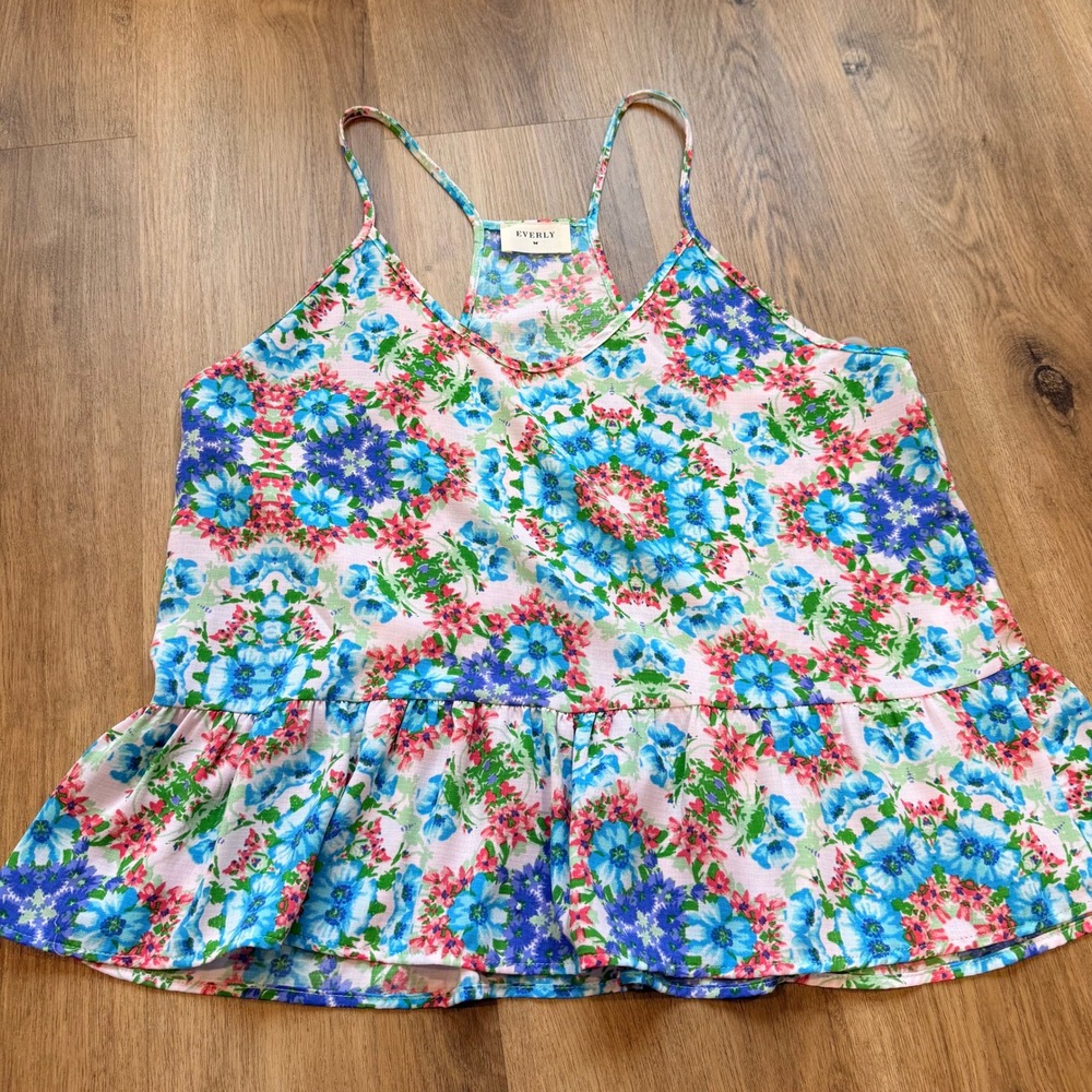 EVERLY Womens Floral Print Peplum‎ Cami Tank Top Size L